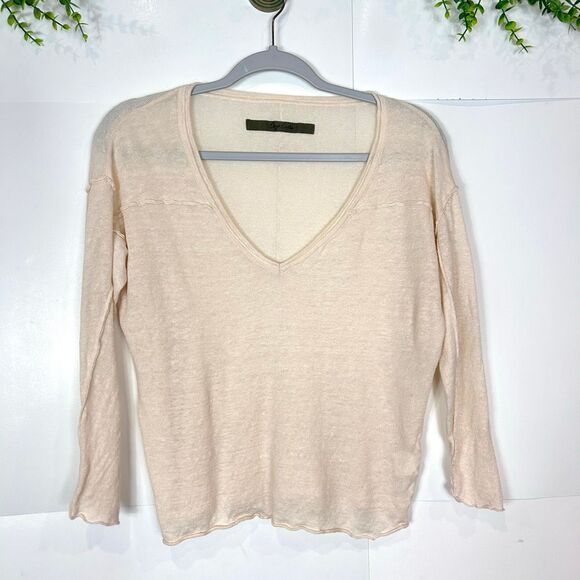 Enza Costa Linen Sweater Top Womens Small Cream Knit 3/4 Sleeve V-Neck Pullover - Picture 3 of 13
